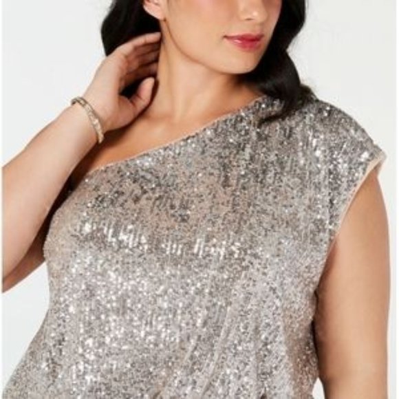 Adrianna Papell Plus Size One-Shoulder Sequined - Picture 4 of 4